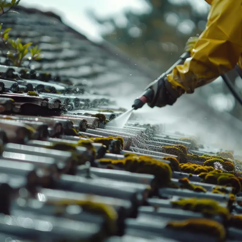 Professionnel en train de démousser une toiture